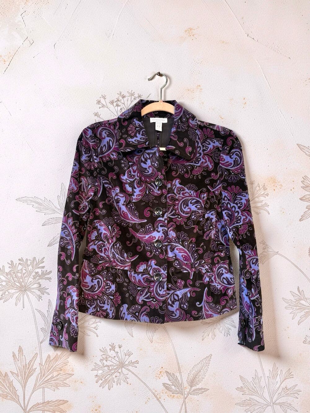 Charter Club Petite Paisley Corduroy Jacket Black Purple Blue Button Front Boho